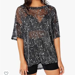 Women's Glitter Sheer See Through Short Sleeve
